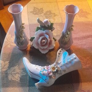 Floral Porcelain Boot and Vase Set